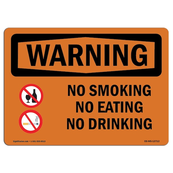OSHA WARNING Sign, No Smoking No Eating No Drinking, 10in X 7in Aluminum, 7" W, 10" L, Landscape